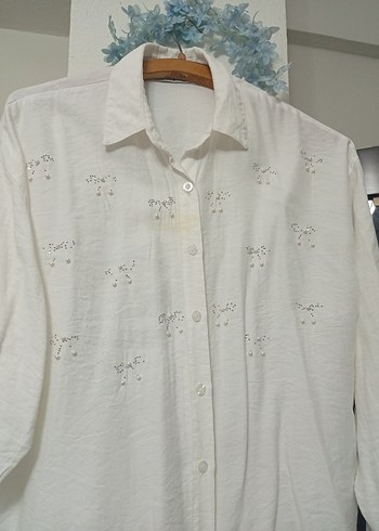 Nakışlı Beyaz Keten Uzun Kollu Gömlek - Görsel 3