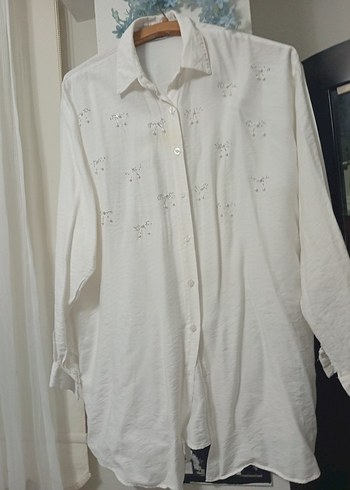 Nakışlı Beyaz Keten Uzun Kollu Gömlek - Görsel 2