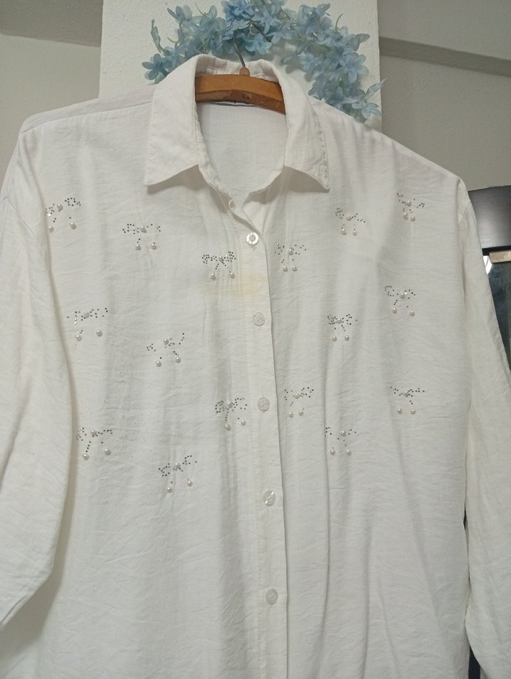 Nakışlı Beyaz Keten Uzun Kollu Gömlek - Görsel 3