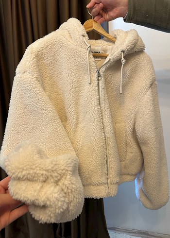 Bershka Bej Peluş Kapüşonlu Kadın Ceket - Görsel 3