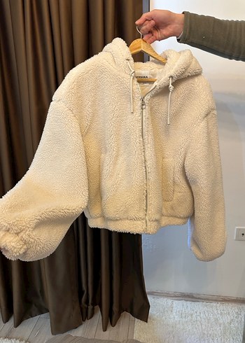 Bershka Bej Peluş Kapüşonlu Kadın Ceket - Görsel 8