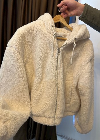 Bershka Bej Peluş Kapüşonlu Kadın Ceket - Görsel 9