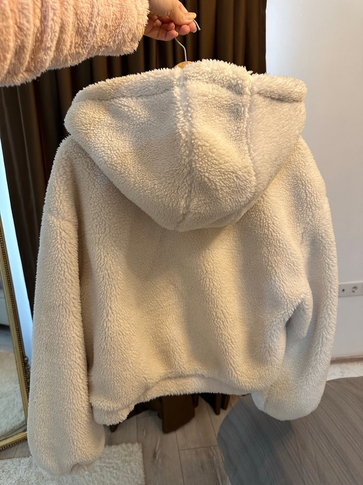 Bershka Bej Peluş Kapüşonlu Kadın Ceket - Görsel 2