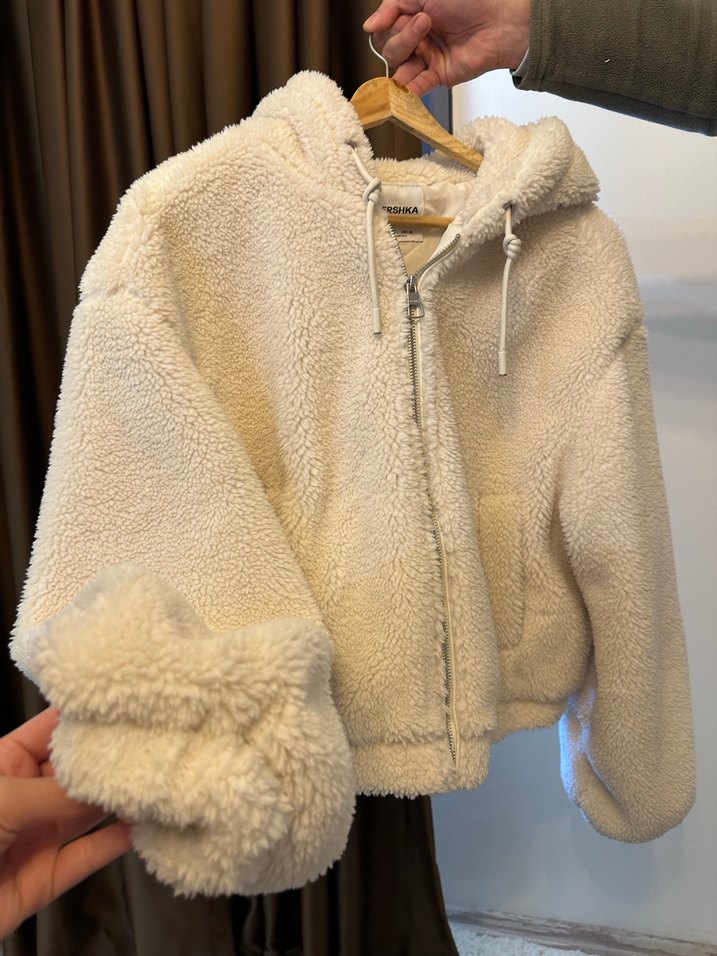 Bershka Bej Peluş Kapüşonlu Kadın Ceket - Görsel 3