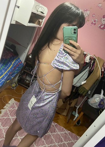 Zara etiketli saten Mor Mini Elbise - Görsel 5