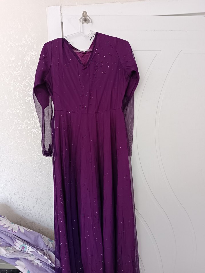 Mor Uzun Kollu V Yaka Kadın Abiye Elbise - Görsel 2