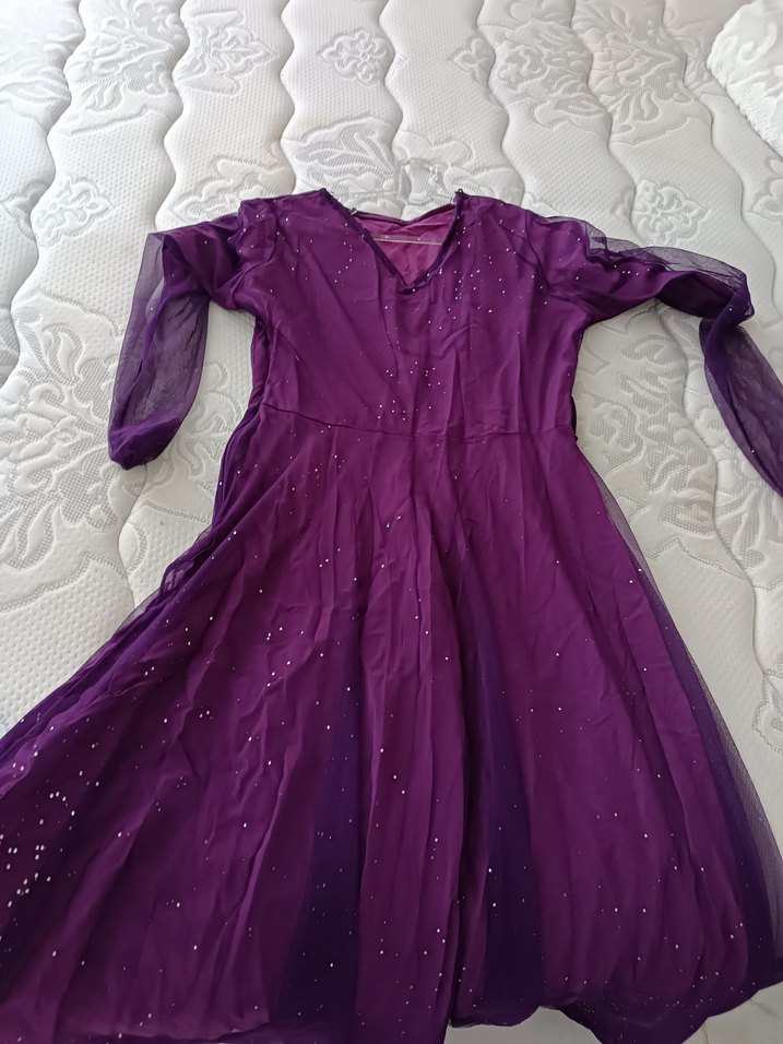 Mor Uzun Kollu V Yaka Kadın Abiye Elbise - Görsel 3