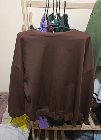 xl Beden Bisiklet yaka kahverengi oversize basic sweatshirt 