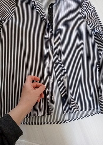 neye Uzun Kollu Gri Çizgili Kadın Gömlek - Görsel 3