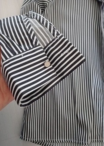 neye Uzun Kollu Gri Çizgili Kadın Gömlek - Görsel 4