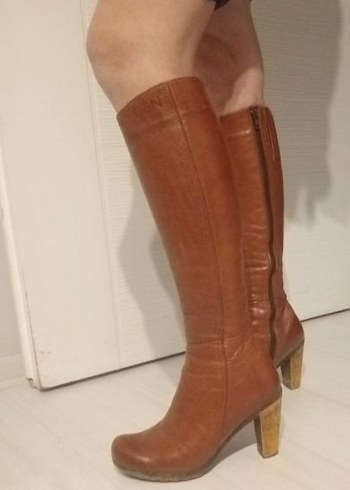 Kahverengi Deri Platform Topuklu Diz Boyu Kadın Çizme - Görsel 16