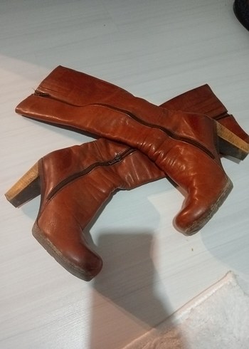 Kahverengi Deri Platform Topuklu Diz Boyu Kadın Çizme - Görsel 11