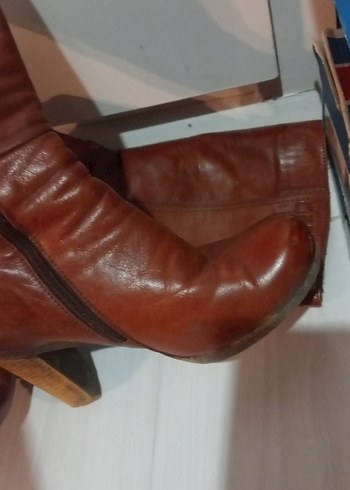 Kahverengi Deri Platform Topuklu Diz Boyu Kadın Çizme - Görsel 9