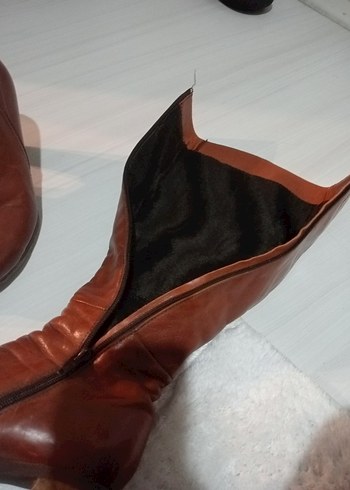 Kahverengi Deri Platform Topuklu Diz Boyu Kadın Çizme - Görsel 15