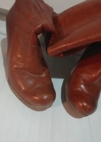 Kahverengi Deri Platform Topuklu Diz Boyu Kadın Çizme - Görsel 4