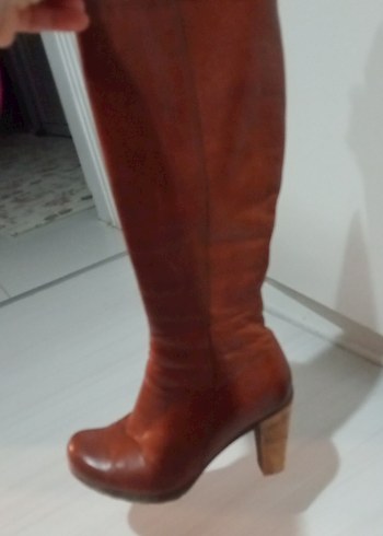 Kahverengi Deri Platform Topuklu Diz Boyu Kadın Çizme - Görsel 6