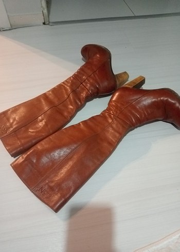 Kahverengi Deri Platform Topuklu Diz Boyu Kadın Çizme - Görsel 2