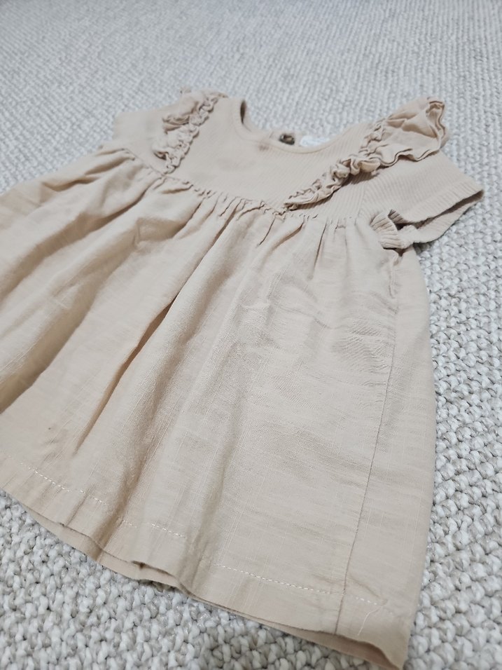 Kız Çocuk Bej Keten Fırfırlı Elbise&Tişört - Görsel 2