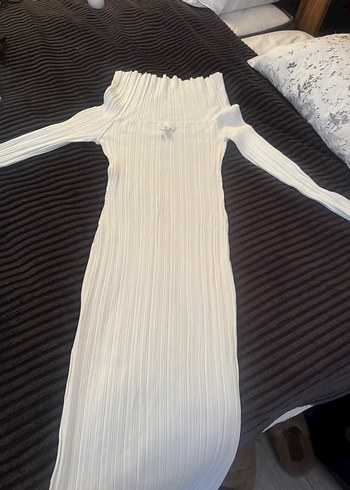 Beyaz Straplez Piliseli Midi Kadın Triko Elbise hm - Görsel 3