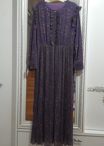 44 Beden Mor Vintage Bohem Uzun Pilili Elbise
