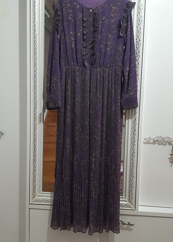 44 Beden mor Renk Mor Vintage Bohem Uzun Pilili Elbise