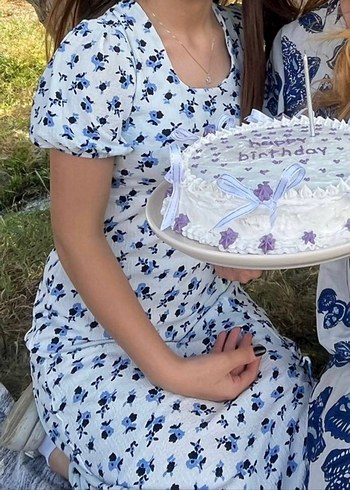 Mavi Çiçek Desenli Bohem Elbise