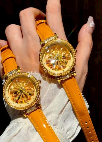 Kar tanesi turuncu dönel zirkon taşlı saat - Görsel 2