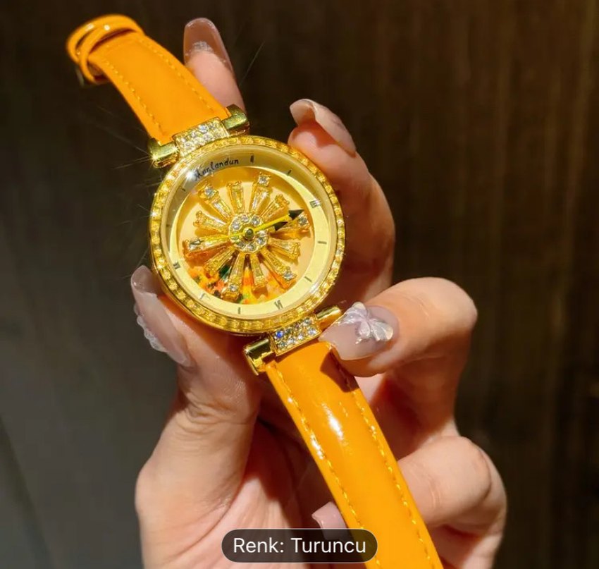 Kar tanesi turuncu dönel zirkon taşlı saat - Görsel 5