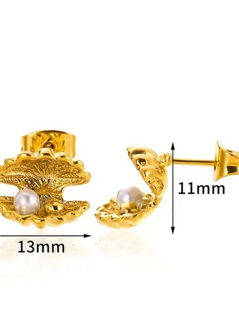 Mini Altın İncili Kabuk Küpeler - Görsel 3