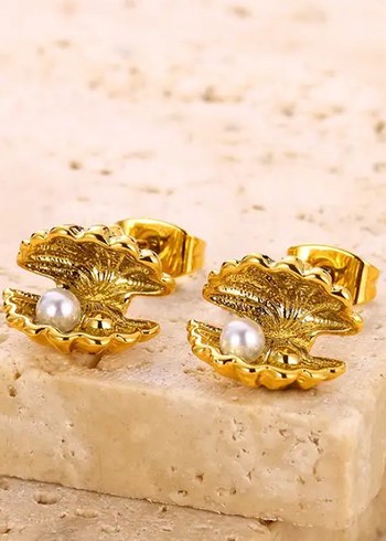 Mini Altın İncili Kabuk Küpeler - Görsel 2