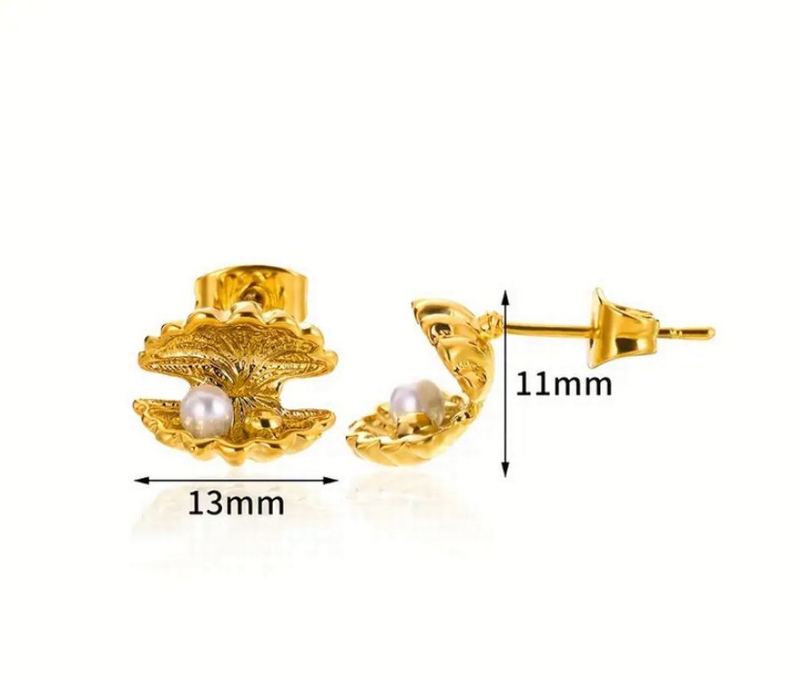 Mini Altın İncili Kabuk Küpeler - Görsel 3