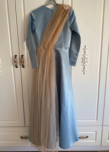 Nakışlı Uzun Kollu Mavi Abiye Elbise - Görsel 2