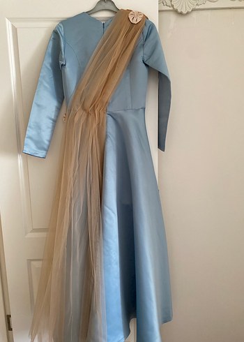 Nakışlı Uzun Kollu Mavi Abiye Elbise - Görsel 6