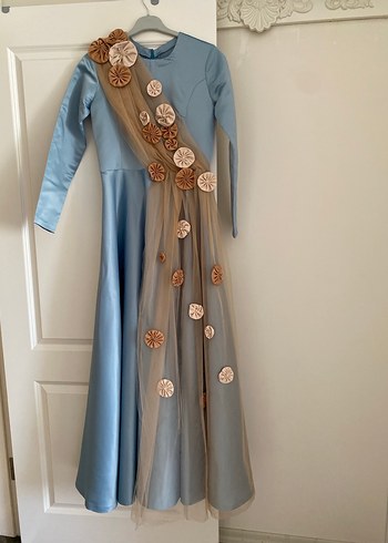 Nakışlı Uzun Kollu Mavi Abiye Elbise - Görsel 5
