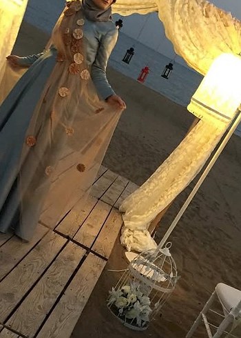 Nakışlı Uzun Kollu Mavi Abiye Elbise - Görsel 8