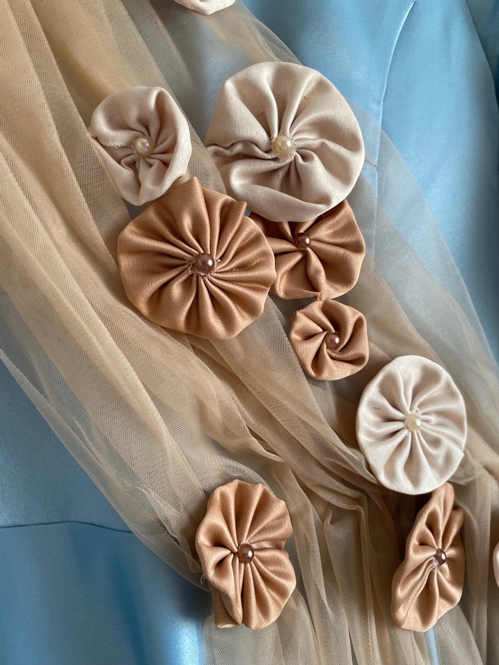 Nakışlı Uzun Kollu Mavi Abiye Elbise - Görsel 3