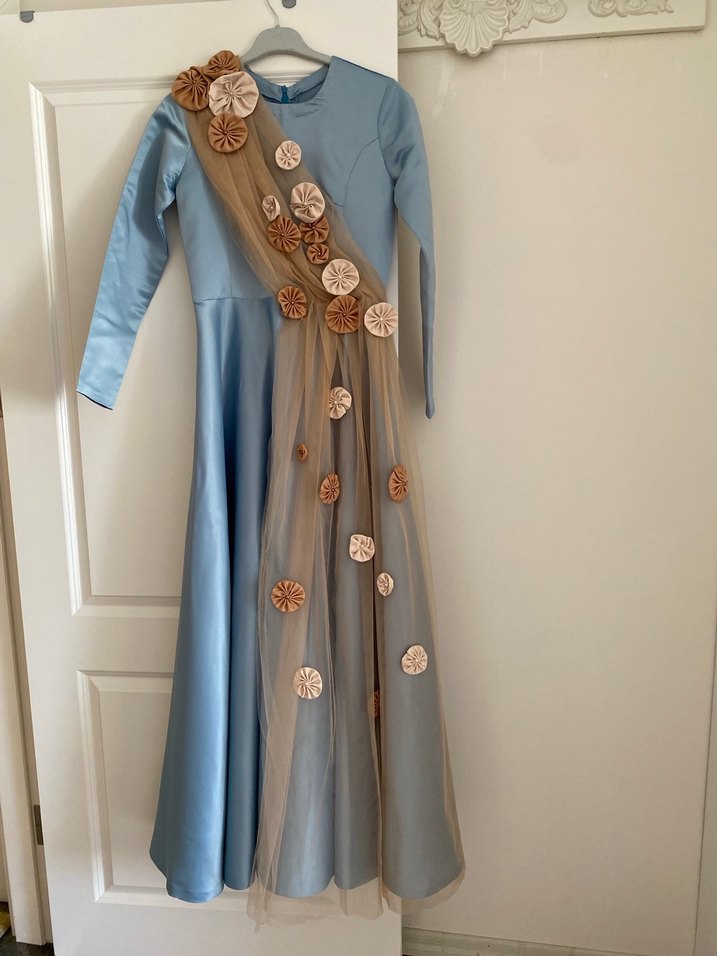 Nakışlı Uzun Kollu Mavi Abiye Elbise - Görsel 5