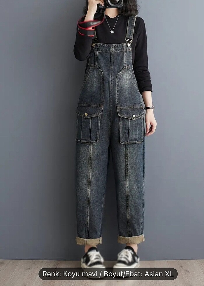 Koyu mavi bol kesimli kadın tulum - Görsel 2