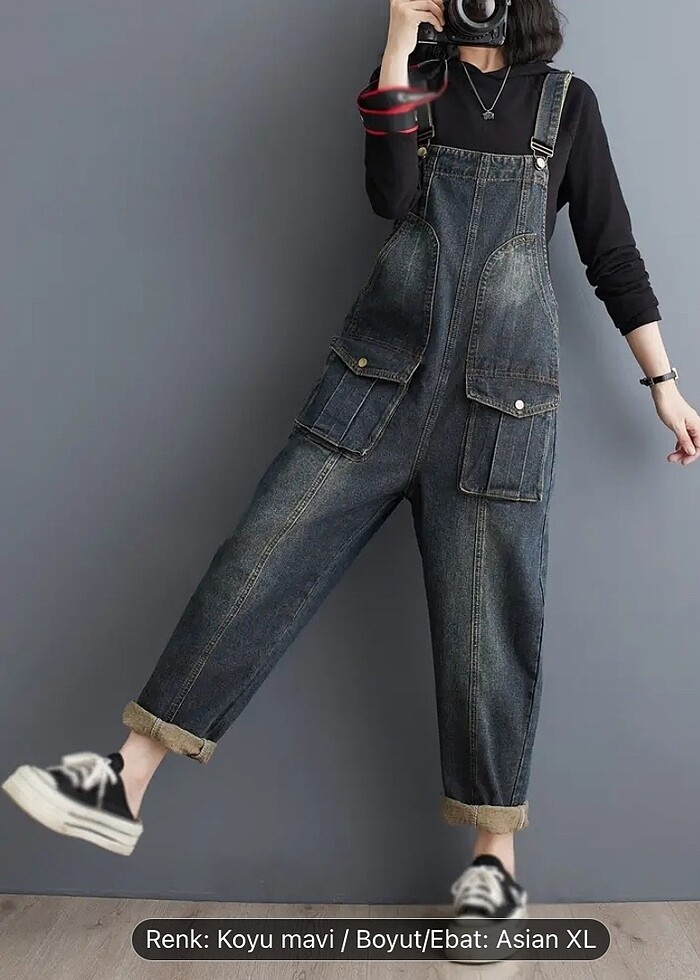 Koyu mavi bol kesimli kadın tulum - Görsel 4