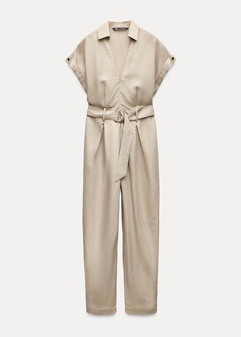 V Yaka Kemerli Bej Kadın Tulum - Görsel 5