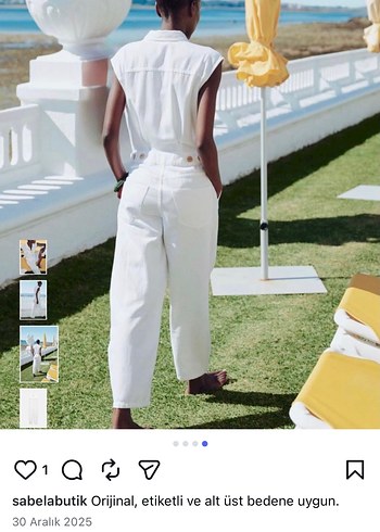 Kadın Beyaz Keten Düğmeli Tulum - Görsel 2