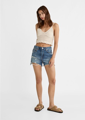 Bej Dantel Detaylı V Yaka Örme Crop Top - Görsel 3