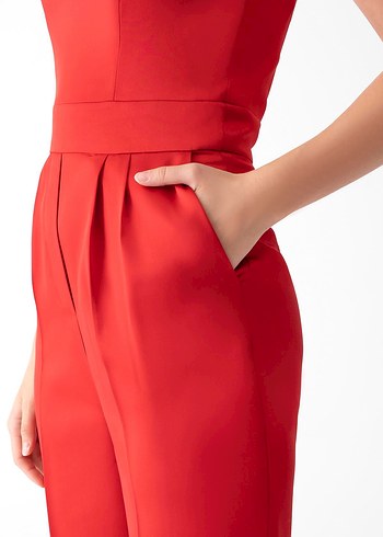 Kadın Kırmızı Straplez Uzun Tulum - Görsel 5