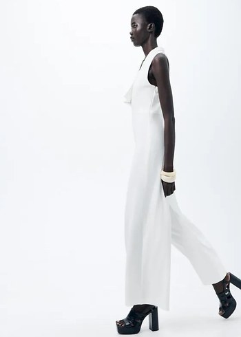 Beyaz Uzun Kollu V Yakalı Kadın Tulum - Görsel 4