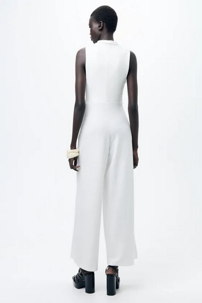 Beyaz Uzun Kollu V Yakalı Kadın Tulum - Görsel 2