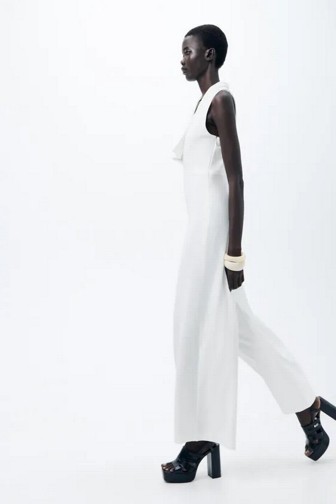 Beyaz Uzun Kollu V Yakalı Kadın Tulum - Görsel 4