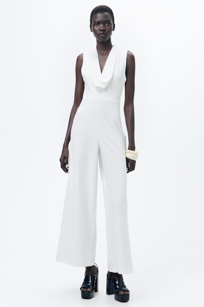 Beyaz Uzun Kollu V Yakalı Kadın Tulum - Görsel 5