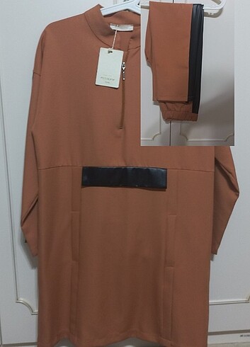 Tesettür İkili Takım Tunik Pantolon Camel Siyah Şeritli