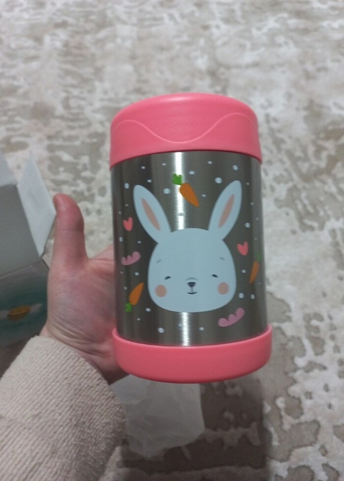 Baby Bee Yemek mama Termosu pembe bebek tavşanlı 450 ml - Görsel 2