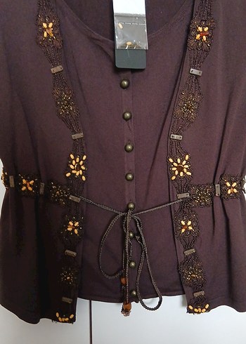 Kemerli Kızıl Kahve Kadın Bluz - Görsel 2